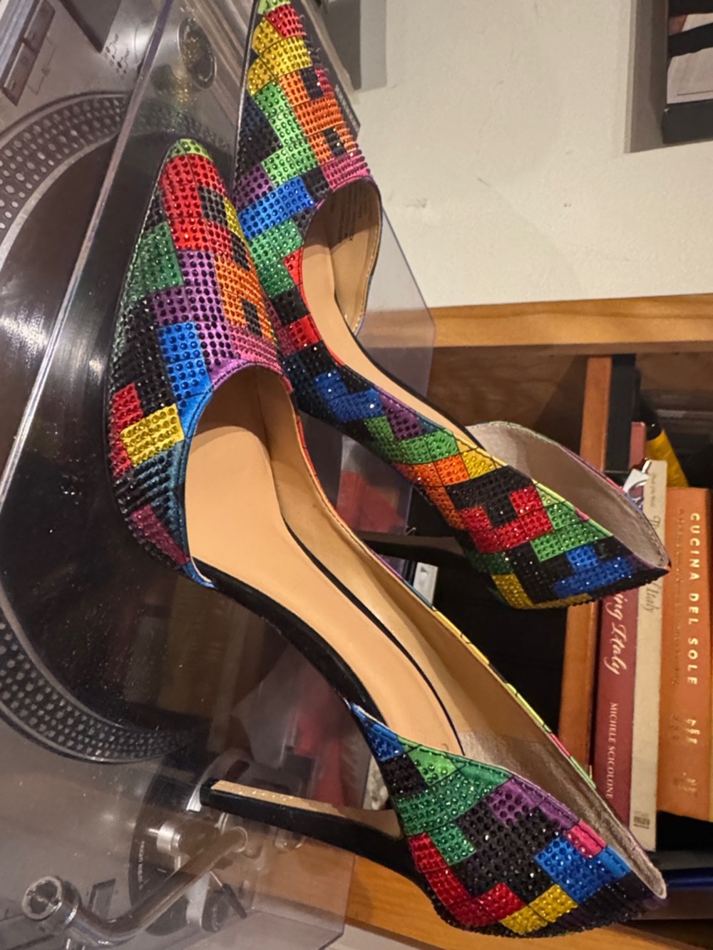 NEW Vintage Sequin heels Rainbow Multicolor Mosaic Pointed-Toe Size 10 Shoes - Picture 10 of 10